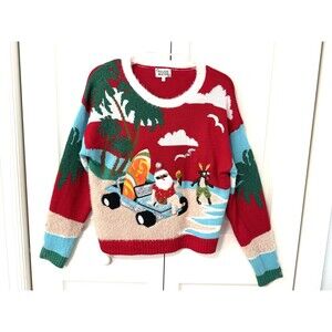 MAJOR MAJOR SZ S SANTA & REINDEER BEACH TROPICAL CHRISTMAS PULLOVER SWEATER S